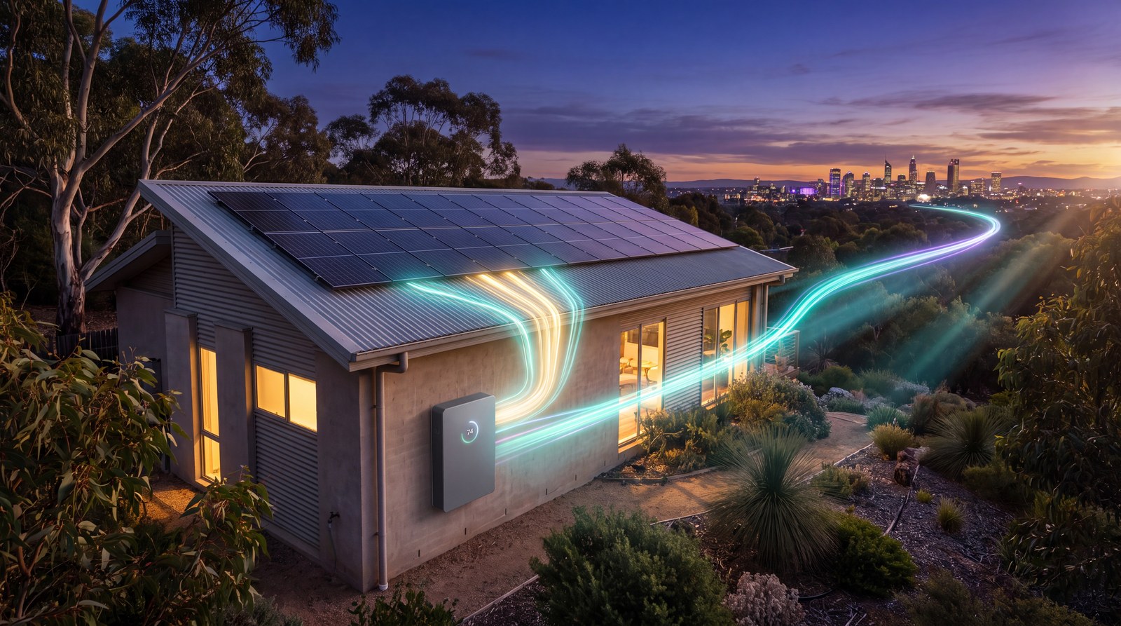 Energy flows from rooftop solar into a home battery and out to the city grid at dusk