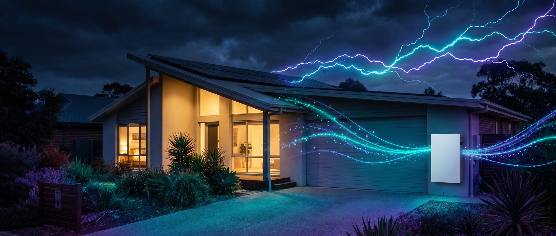 An Australian home at dusk with rooftop solar and a home battery, with electric energy flowing to the grid